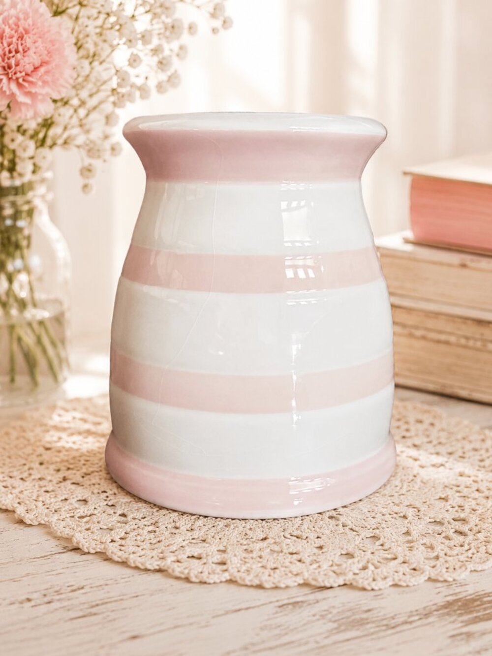 Vintage Pastel Pink & White Stripped Ceramic Utensil Holder